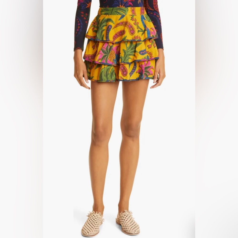 FARM Rio Tropical Tapestry Ruffle Miniskirt In Yellow Tropical Tape
